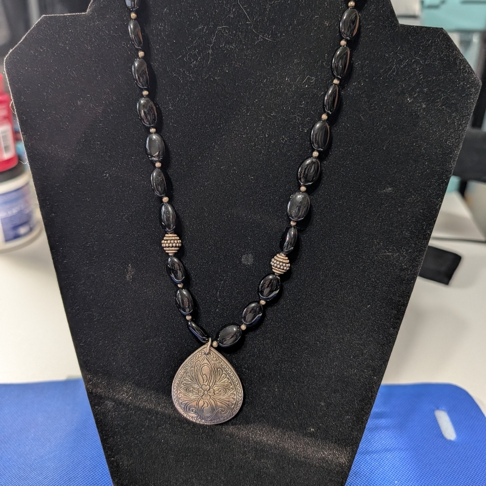 Doug Paulus Sterling and Black Onyx Necklace with Sterling Pendant Vintage